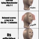 Every liverpool fan trying to stay on top of the premier league table : | Everton tying Manchester city 1-1; Halaand scores a tap-in in the 90 + 3 minutes; its offsides | image tagged in reverse kalm panik,funny,memes,hmmmm | made w/ Imgflip meme maker