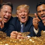 Donald Trump, Elon Musk, Vivek Ramaswamy pile of gold oligarchy