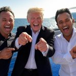 Donald Trump, Elon Musk, Vivek Ramaswamy laughing oligarchy