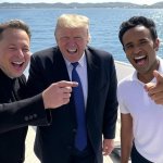 Donald Trump, Elon Musk, Vivek Ramaswamy laughing oligarchy