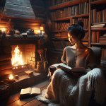 cozy reading nook by fire with woman reading