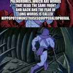 *insert clever title here* | REMEMBER! AIBOHPHOBIA IS THE FEAR OF PALINDROMES, WHICH ARE WORDS THAT READ THE SAME FRONT AND BACK AND THE FEAR OF LONG WORDS IS CALLED HIPPOPOTOMONSTROSESQUIPPEDALIOPHOBIA. UNTIL WE MEET AGAIN! | image tagged in skeletor until we meet again | made w/ Imgflip meme maker