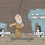 Best part: I still don't understand recursions. | FUNCTIONS; LOOPS; RECURSION | image tagged in what the hell is this,cpp,computers,computer,coding,noah | made w/ Imgflip meme maker