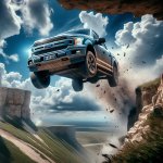 Ford f-150 square body in mid-air driving off a cliff