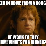 Bilbo Baggins Looking Frustrated | WALKED IN HOME FROM A ROUGH DAY; AT WORK TO "HEY MOM! WHAT'S FOR DINNER?" | image tagged in bilbo baggins looking frustrated | made w/ Imgflip meme maker