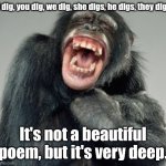 Monkey digs it lol | I dig, you dig, we dig, she digs, he digs, they dig. It's not a beautiful poem, but it's very deep. | image tagged in laughing monkey,puns,bad puns,lol,funny memes | made w/ Imgflip meme maker