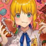 Anime girl eating and surrounded by food