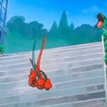 Rayquaza laughing at Deoxys falling down the stairs