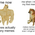 me now vs me then | me now; me when i made my first memes; makes actually funny memes; makes memes that are so cringe that even i cringe at them | image tagged in memes,buff doge vs cheems,funny memes | made w/ Imgflip meme maker