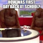 where monkey | HOW WAS FIRST DAY BACK AT SCHOOL? | image tagged in where monkey | made w/ Imgflip meme maker