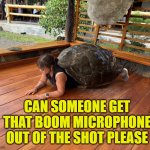 Tortuela | CAN SOMEONE GET THAT BOOM MICROPHONE OUT OF THE SHOT PLEASE | image tagged in tortuela,boom,shell,meme | made w/ Imgflip meme maker