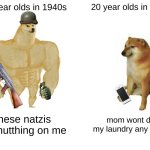 Buff Doge vs. Cheems | 20 year olds in 1940s; 20 year olds in 2024; these natzis got nutthing on me; mom wont do my laundry any more | image tagged in memes,buff doge vs cheems | made w/ Imgflip meme maker