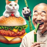 burger with a cat on top of it with as asian guy eating bamboo w