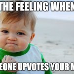 love it | THE FEELING WHEN; SOMEONE UPVOTES YOUR MEME | image tagged in memes,success kid original | made w/ Imgflip meme maker