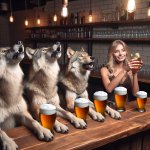 4 wolves drinking beer bar howling at a hot white girl bartender