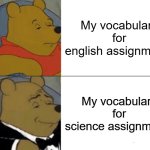 ig i'll just pretend the english assignment is a science assignment (also i havent made a meme in years...) | My vocabulary for english assignments; My vocabulary for science assignments | image tagged in memes,tuxedo winnie the pooh,funny,funny memes,relatable | made w/ Imgflip meme maker