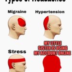 What really gives a headache? Write in comments | MY LITTLE SISTER IS USING MY ACCOUNT ONLINE | image tagged in types of headaches | made w/ Imgflip meme maker