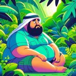 man sits alone in the jungle and is fat