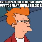 i smell bull crap | ANTI-FURS AFTER REALIZING EGYPT HAS WAY TOO MANY ANIMAL-HEADED GODS: | image tagged in memes,futurama fry | made w/ Imgflip meme maker