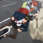 Mira putting sword to ground while Mori riding with bike meme