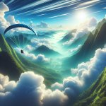 Paraglider flying above mountains between clouds