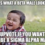 Upvote if your alpha male | THIS IS WHAT A BETA MALE LOOKS LIKE; UPVOTE IF YOU WANT TO BE A SIGMA ALPHA MALE | image tagged in memes,evil toddler,experiment | made w/ Imgflip meme maker