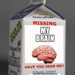 Milk carton | MY BRAIN; 5387895895839 | image tagged in milk carton,i'm dumb | made w/ Imgflip meme maker