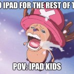 chooper | MOM: NO IPAD FOR THE REST OF THE YEAR; POV: IPAD KIDS | image tagged in crying chopper one piece,one piece,chooper,chopper,renideer | made w/ Imgflip meme maker