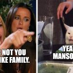 Family | YEAH, THE MANSON FAMILY; LIKE IT OR NOT YOU AND I ARE LIKE FAMILY. | image tagged in smudge the cat | made w/ Imgflip meme maker