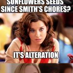 fun | SHE SHELLS 
SUNFLOWERS SEEDS 
SINCE SMITH'S CHORES? IT'S ALTERATION; I EAT WHAT THE LITER
I DON'T THROW AWAY | image tagged in blonde pun,sunflower | made w/ Imgflip meme maker