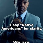 For practicalities sake | You say "Native Americans" out of respect. I say "Native Americans" for clarity. We are not the same | image tagged in gus fring we are not the same | made w/ Imgflip meme maker