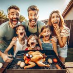 White family happily smoking a scared chicken on a grill