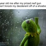 kermit window | 12 year old me after my prized nerf gun doesn’t knock my deoderent off of a shoebox: | image tagged in kermit window,nerf | made w/ Imgflip meme maker