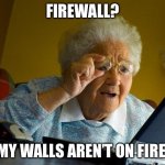 Grandma Finds The Internet | FIREWALL? MY WALLS AREN’T ON FIRE. | image tagged in memes,grandma finds the internet | made w/ Imgflip meme maker