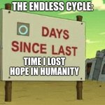 Have a good day | THE ENDLESS CYCLE:; TIME I LOST HOPE IN HUMANITY | image tagged in futurama zero days since last blank,funny,fun | made w/ Imgflip meme maker