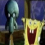 Low quality picture of realistic squidward and cartoon spongebob