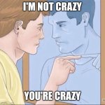 Pointing mirror guy | I'M NOT CRAZY; YOU'RE CRAZY | image tagged in pointing mirror guy | made w/ Imgflip meme maker