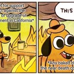 -The broken insurance. | *Spent budget for support warlike conflict against the Russia instead of upgrade of firefighters department in California*; *Any baked dog in the near death condition* | image tagged in memes,this is fine,health insurance,wings of fire,scumbag hollywood,we spent much money on that | made w/ Imgflip meme maker