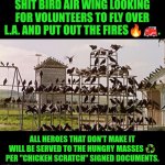 Funny | SHIT BIRD AIR WING LOOKING FOR VOLUNTEERS TO FLY OVER L.A. AND PUT OUT THE FIRES🔥🚒. ALL HEROES THAT DON'T MAKE IT WILL BE SERVED TO THE HUNGRY MASSES ♻️ PER "CHICKEN SCRATCH" SIGNED DOCUMENTS. | image tagged in funny,fire,pigeons,volunteers,food,air force | made w/ Imgflip meme maker