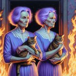 purple-haired women with cats in burning house