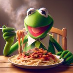 Kermit eating spaghetti