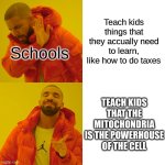 Have a good day! | Teach kids things that they accually need to learn, like how to do taxes; Schools; TEACH KIDS THAT THE MITOCHONDRIA IS THE POWERHOUSE OF THE CELL | image tagged in memes,drake hotline bling,funny,fun | made w/ Imgflip meme maker