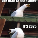 Happy new year | IT'S NEW YEAR; GEN BETA IS HAPPENING; IT'S 2025; 2024 IT'S OVER NOOOOOOOOOOO | image tagged in memes,inhaling seagull | made w/ Imgflip meme maker