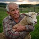 Toby Tedious old man hugging sheep