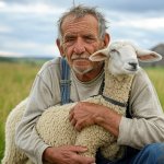 Toby Tedious old man hugging sheep