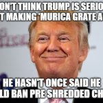 Donald trump approves | I DON'T THINK TRUMP IS SERIOUS ABOUT MAKING 'MURICA GRATE AGAIN, HE HASN'T ONCE SAID HE WOULD BAN PRE SHREDDED CHEESE. | image tagged in donald trump approves | made w/ Imgflip meme maker