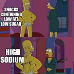 processed food will never be healthy | SNACKS CONTAINING LOW FAT, LOW SUGAR; HIGH SODIUM | image tagged in homer simpson's back fat,snacks,food,lays,doritos | made w/ Imgflip meme maker