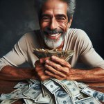 Hombre feliz, contando mucho dinero después de muchos años de es