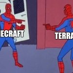 Both great and amazing Gamess. | MINECRAFT; TERRARIA | image tagged in spiderman pointing at spiderman,fun,memes,minecraft,terraria | made w/ Imgflip meme maker