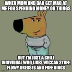 I'm Just a Chill Individual | WHEN MOM AND DAD GET MAD AT ME FOR SPENDING MONEY ON THINGS; BUT I'M JUST A CHILL INDIVIDUAL WHO LIKES WICCAN STUFF, FLOWY DRESSES AND FREE RINGS | image tagged in i'm just a chill guy | made w/ Imgflip meme maker